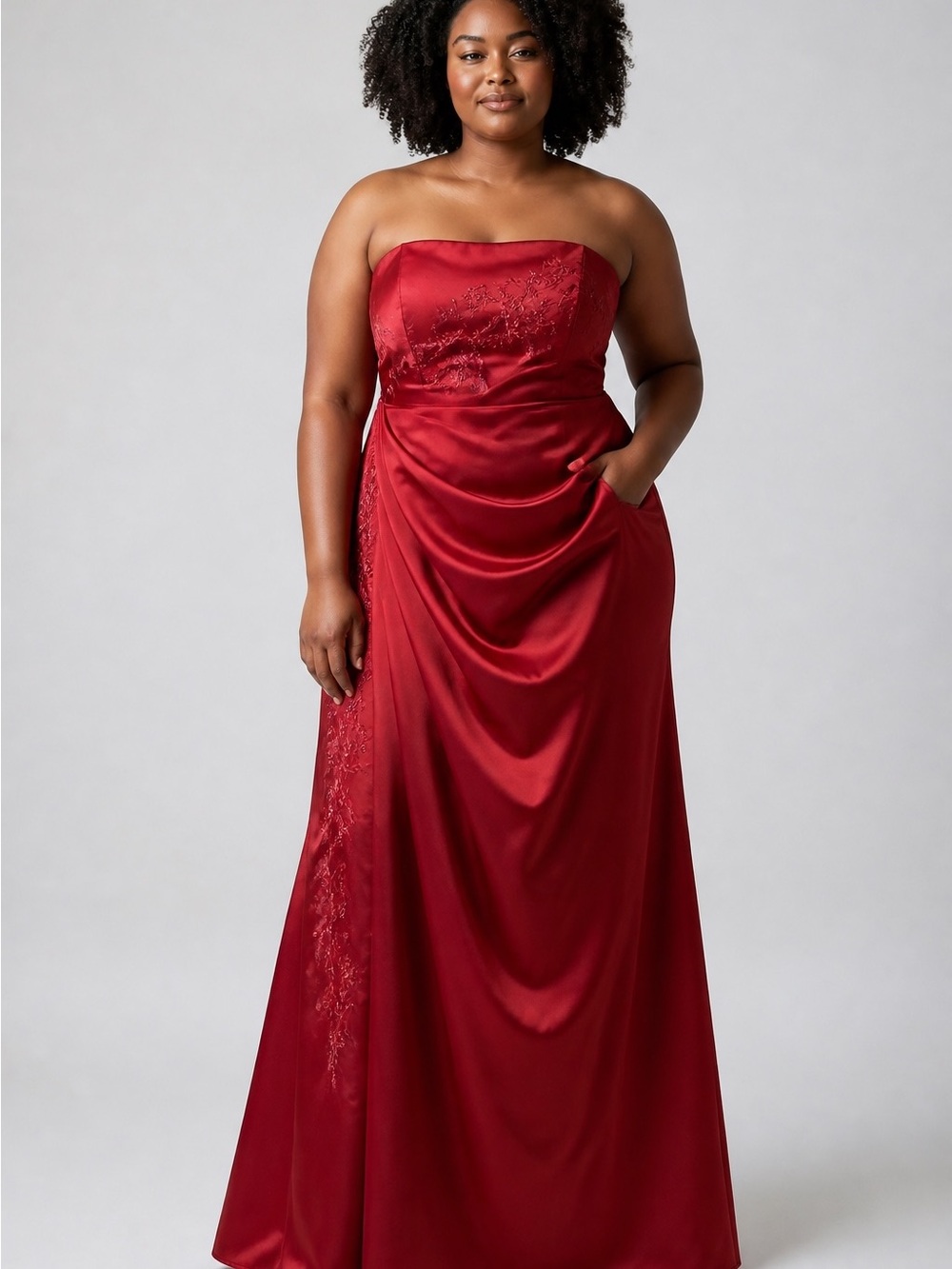 David's Bridal Strapless Satin Gown in Deep Red